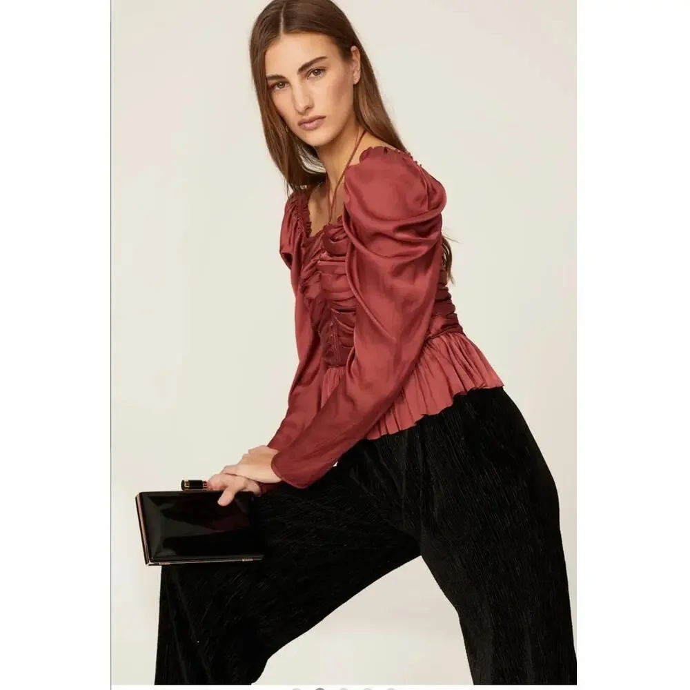 ULLA JOHNSON Women's Red Satin Halter Neck Mirelle Peplum Puff Blouse Size 10